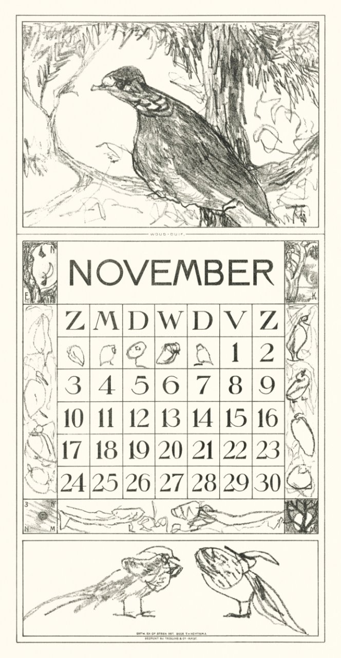 Kalenderblad november met houtduif (1917) print in high resolution by Theo van Hoytema.