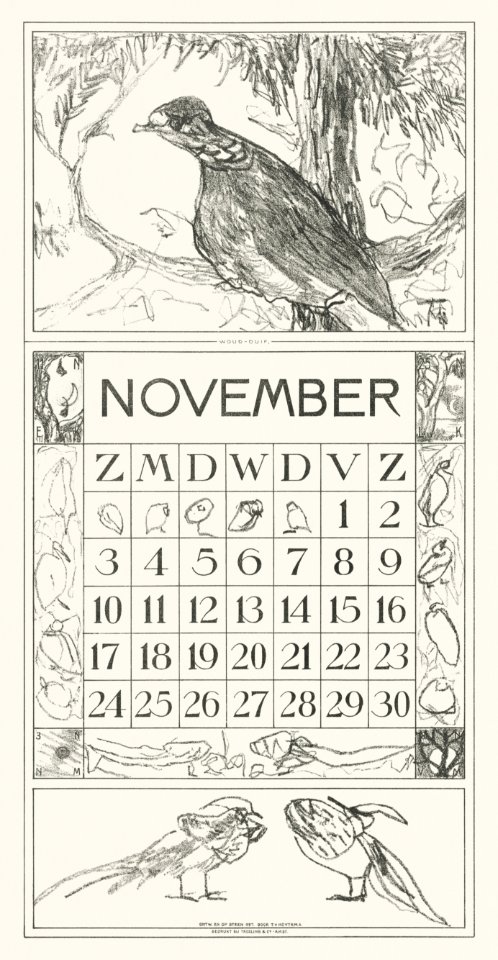 Kalenderblad november met houtduif (1917) print in high resolution by Theo van Hoytema.