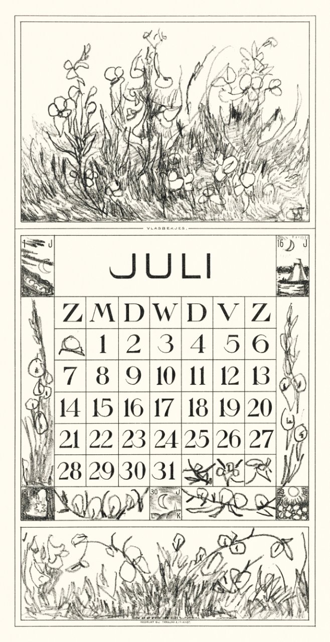 Kalenderblad juli met vlasbekjes (1917) print in high resolution by Theo van Hoytema.