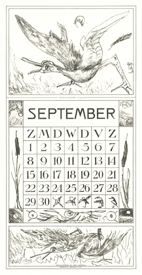 Kalenderblad september met aangeschoten vogel (1917) print in high resolution by Theo van Hoytema.