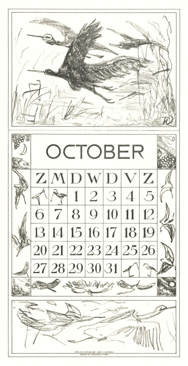 Kalenderblad oktober met trekvogels (1917) print in high resolution by Theo van Hoytema.