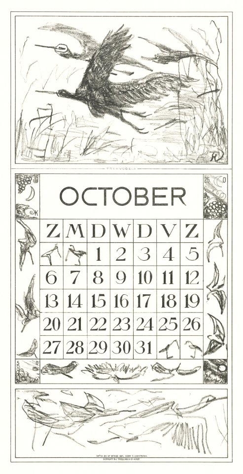 Kalenderblad oktober met trekvogels (1917) print in high resolution by Theo van Hoytema.