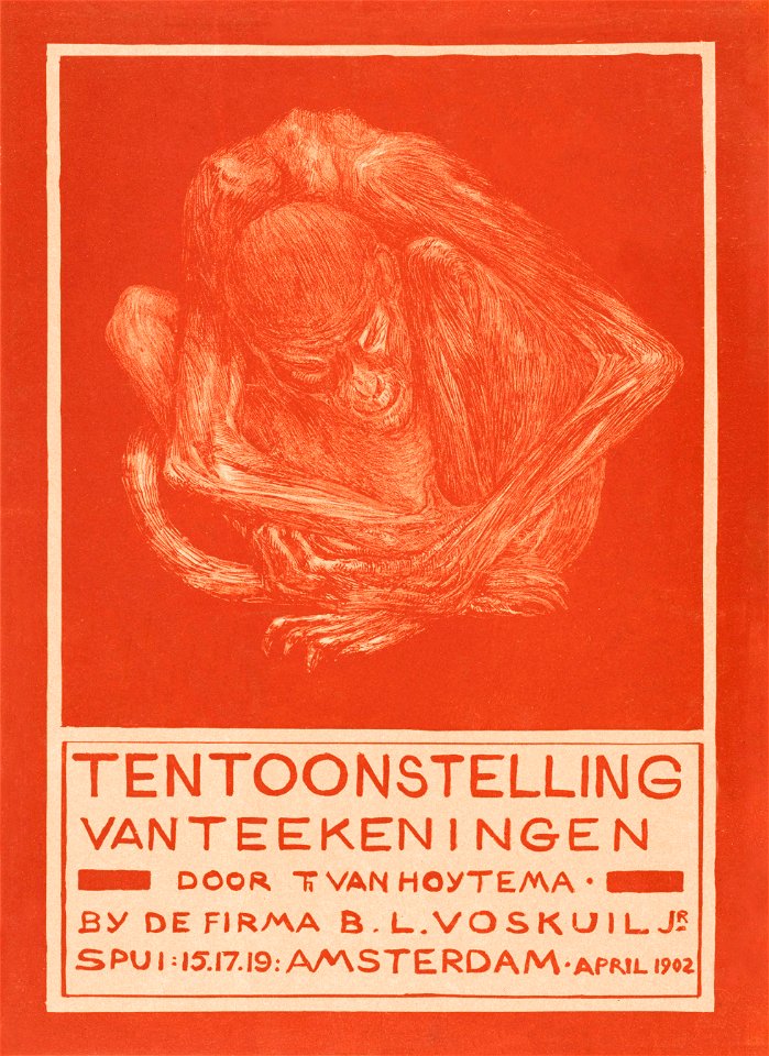 Reclamekaart met ineengedoken aap (1902) print in high resolution by Theo van Hoytema.