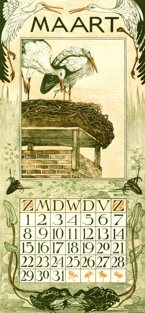 Kalenderblad maart met ooievaars (1902) print in high resolution by Theo van Hoytema.
