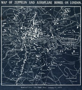 Map of Zeppelin and aeroplane bombs on London. From: World War I photograph album (1919) by Herbert Green.. Free illustration for personal and commercial use.