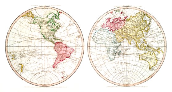 New World, or, Western Hemisphere; Old World, or Eastern Hemisphere (1790) by William Faden.. Free illustration for personal and commercial use.