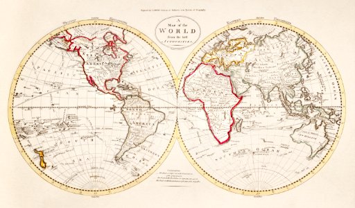 A Map of the World from the best Authorities (1795) from Carey's American Edition of Guthrie's Geography Improved.. Free illustration for personal and commercial use.
