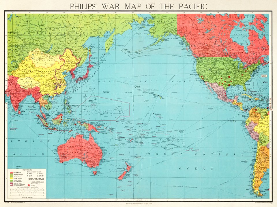 Philips' war map of the Pacific (1945) by George Philip and Son Limited.