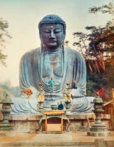 The Bronze Buddha at Kamakura, hand–colored albumen silver print from Japan. Described and Illustrated by the Japanese (1897) by Kazumasa Ogawa.. Free illustration for personal and commercial use.