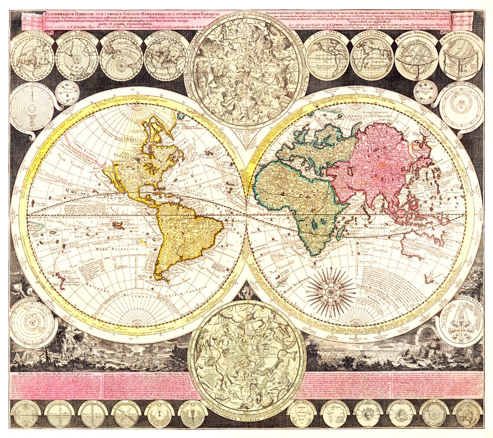 Vlakke aard-kloot met het beide hemelsch half-rond, of de onder scheidene verbeelding van de land-water-waereld (1709) by Adam Friedrich Zuerner.