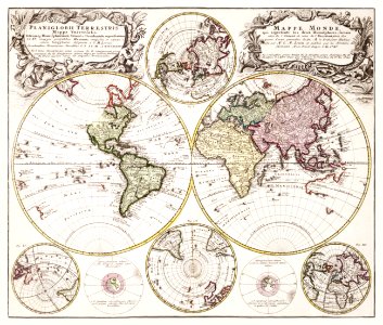 Planiglobii terrestris mappa vniversalis (1746) by George Moritz, Johann Matthias Hase, and Homann Erben.. Free illustration for personal and commercial use.