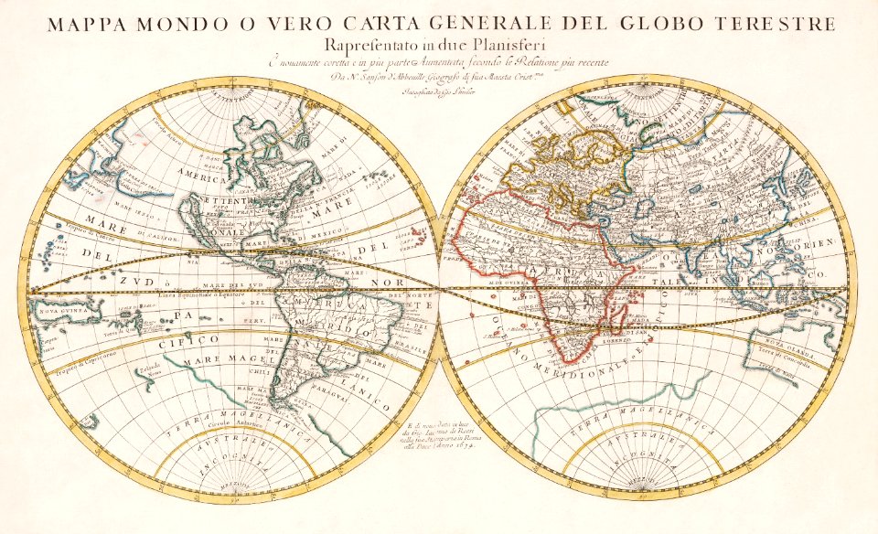 Mappa mondo o vero carta generale del globo terrestre (1674) by N. Sanson de Abbeville.
