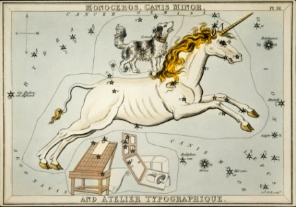 Sidney Hall’s (1831) astronomical chart illustration of the Monoceros, Canis Minor and the Atelier Typographique.. Free illustration for personal and commercial use.