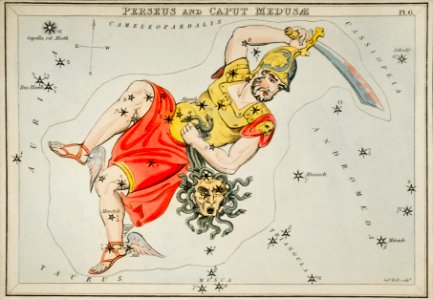 Sidney Hall’s (1831) astronomical chart illustration of the Perseus and the Caput Medusae.. Free illustration for personal and commercial use.