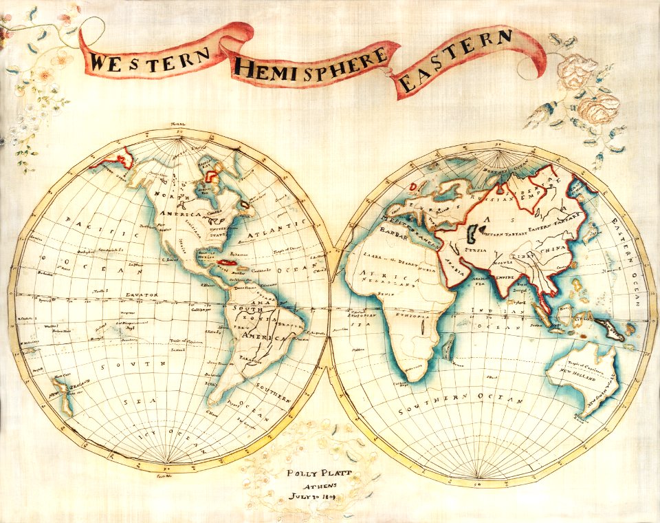 Map sampler made at Pleasent Valley Quaker Boarding School (1809) by Polly Platt.