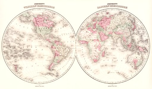 Johnson's Western Hemisphere [and] Johnson's Eastern Hemisphere (1866) by Johnson and Ward.. Free illustration for personal and commercial use.