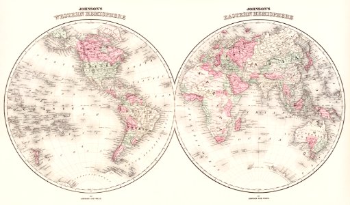 Johnson's Western Hemisphere [and] Johnson's Eastern Hemisphere (1866) by Johnson and Ward.