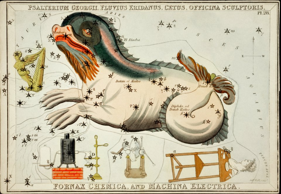 Sidney Hall’s (1831) astronomical chart illustration of the Psalterium Georgii, Fluvius Eridanus, Cetus, Officinal Scupltoris, Fornax Chemica, and Machina Electrica.