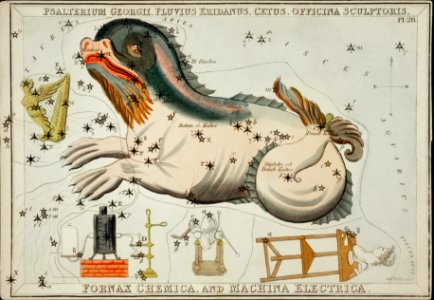 Sidney Hall’s (1831) astronomical chart illustration of the Psalterium Georgii, Fluvius Eridanus, Cetus, Officinal Scupltoris, Fornax Chemica, and Machina Electrica.. Free illustration for personal and commercial use.