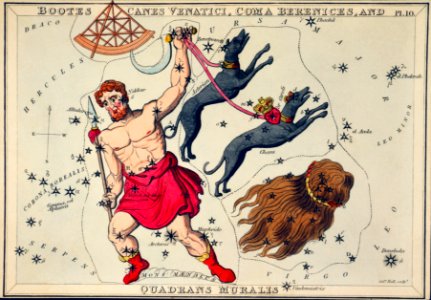 Sidney Hall’s (?-1831) astronomical chart illustration of Bootes Canes Venatici, Coma Berenices, and Quadrans Muralis. Bootes the Ploughman, and two dogs, Asterion and Chara, and the hair of Berenice forming the constellations.. Free illustration for personal and commercial use.
