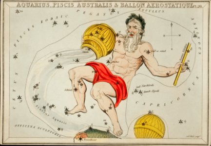 Sidney Hall’s (1831) astronomical chart illustration of the zodiacs Aquaris, Piscis Australis and Ballon Aerostatique.. Free illustration for personal and commercial use.