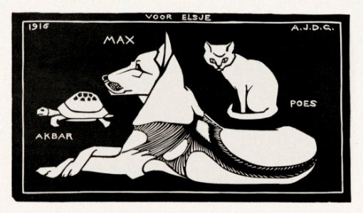 Akbar the tortoise, Max the dog and Puss the cat (1916 ) by Julie de Graag (1877-1924).. Free illustration for personal and commercial use.