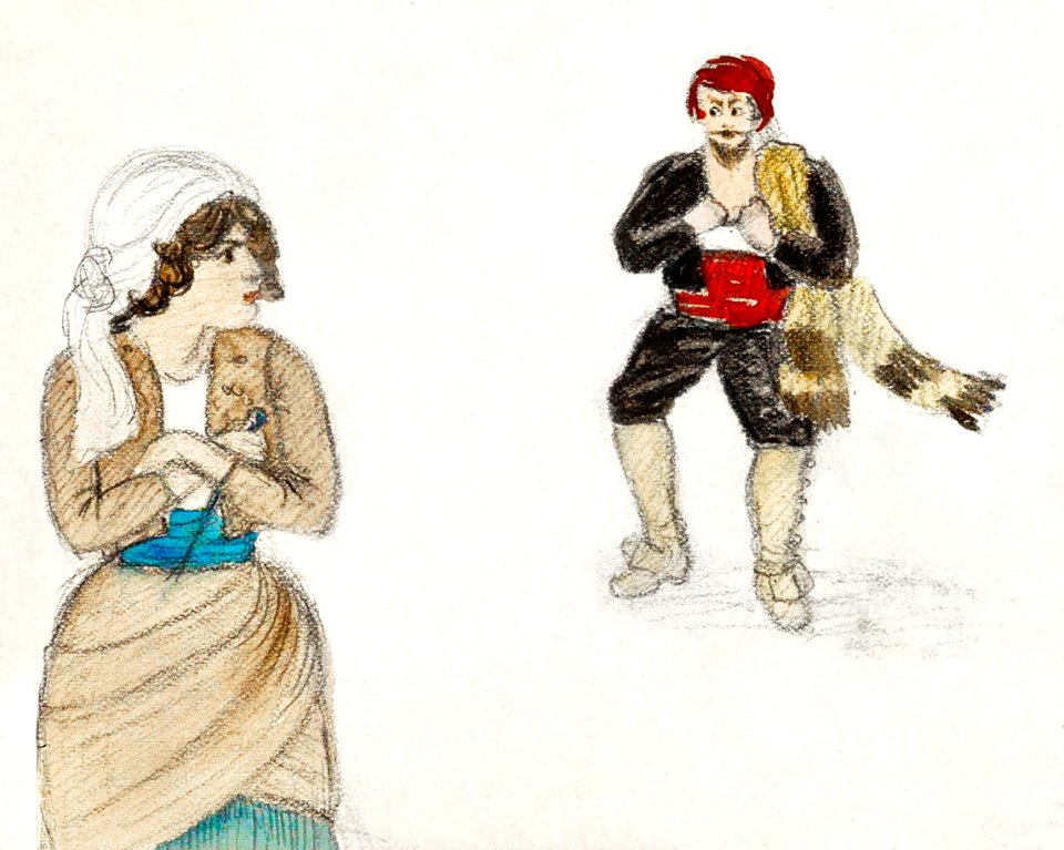 Don Jose presents Carmen his chest, scene from the third act of the opera Carmen (1894) by Julie de Graag (1877-1924).