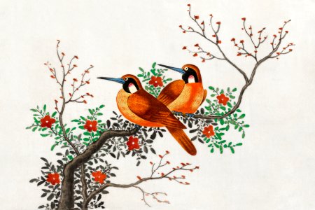 Chinese painting featuring two birds on a flowering tree branch (ca.1800–1899) from the Miriam and Ira D. Wallach Division of Art, Prints and Photographs: Art & Architecture Collection.. Free illustration for personal and commercial use.