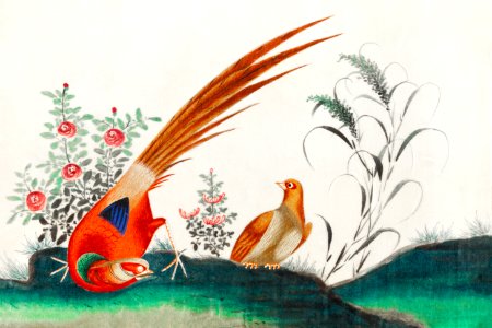 Chinese painting featuring two birds among flowers (ca.1800–1899) from the Miriam and Ira D. Wallach Division of Art, Prints and Photographs: Art & Architecture Collection.. Free illustration for personal and commercial use.