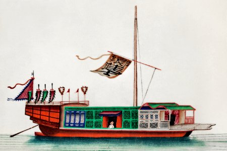 Chinese painting of a river passenger junk (ancient Chinese ship) (ca.1800–1899) from the Miriam and Ira D. Wallach Division of Art, Prints and Photographs: Art & Architecture Collection.. Free illustration for personal and commercial use.