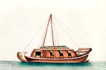 Chinese painting featuring river freight junk (ancient Chinese ship) (ca.1800–1899) from the Miriam and Ira D. Wallach Division of Art, Prints and Photographs: Art & Architecture Collection.