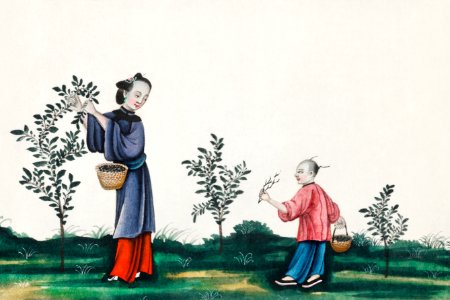 Chinese painting illustrating a mother and a son plucking tea sprouts (ca.1800–1899) from the Miriam and Ira D. Wallach Division of Art, Prints and Photographs: Art & Architecture Collection.. Free illustration for personal and commercial use.