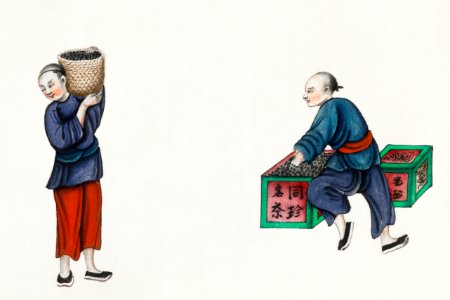 Chinese painting featuring one man packing tea and the other carrying a basket (ca.1800–1899) from the Miriam and Ira D. Wallach Division of Art, Prints and Photographs: Art & Architecture Collection.. Free illustration for personal and commercial use.