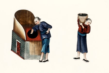 Chinese painting featuring one man drying in ovens, and the other man carrying packers (ca.1800–1899) from the Miriam and Ira D. Wallach Division of Art, Prints and Photographs: Art & Architecture Collection.. Free illustration for personal and commercial use.