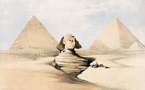The Great Sphinx Pyramids of Gizeh (Giza) illustration by David Roberts (1796–1864).. Free illustration for personal and commercial use.