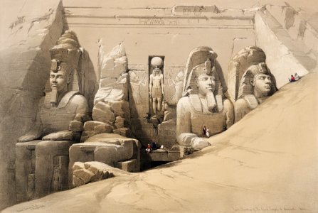 Front elevation of the Great Temple of Aboosimble Nubia illustration by David Roberts (1796–1864).. Free illustration for personal and commercial use.