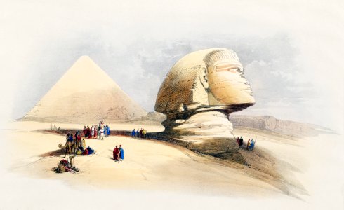 The Great Sphinx Pyramids of Gezeeh illustration bby David Roberts (1796–1864).. Free illustration for personal and commercial use.