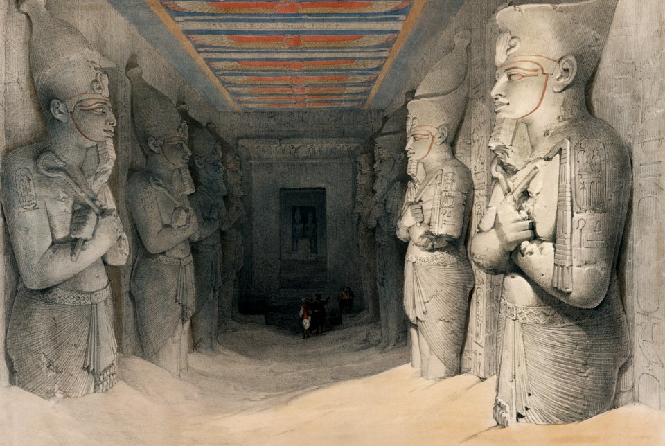 Interior of the Temple of Aboo Simbel Nubia illustration by David Roberts (1796–1864).. Free illustration for personal and commercial use.