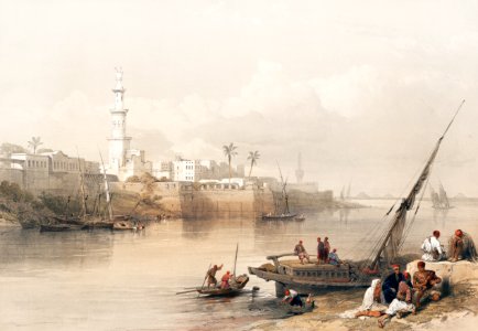 View on the Nile ferry to Gizeh illustration by David Roberts (1796–1864).. Free illustration for personal and commercial use.