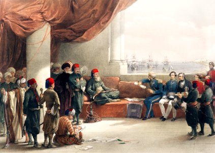 Interview with The Viceroy of Egypt at His palace at Alexandria illustration by David Roberts (1796–1864).. Free illustration for personal and commercial use.