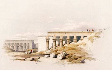 Lateral view of the temple called the Typhonaeum at Dendera (Dandara) illustration by David Roberts (1796–1864).. Free illustration for personal and commercial use.
