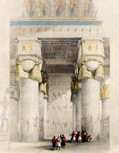 View from under the portico of the Temple of Dendera (Dandara) illustration by David Roberts (1796–1864).. Free illustration for personal and commercial use.