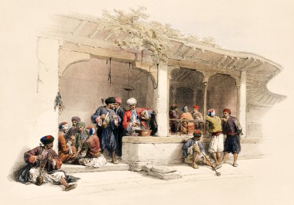 The coffee shop illustration by David Roberts (1796–1864).