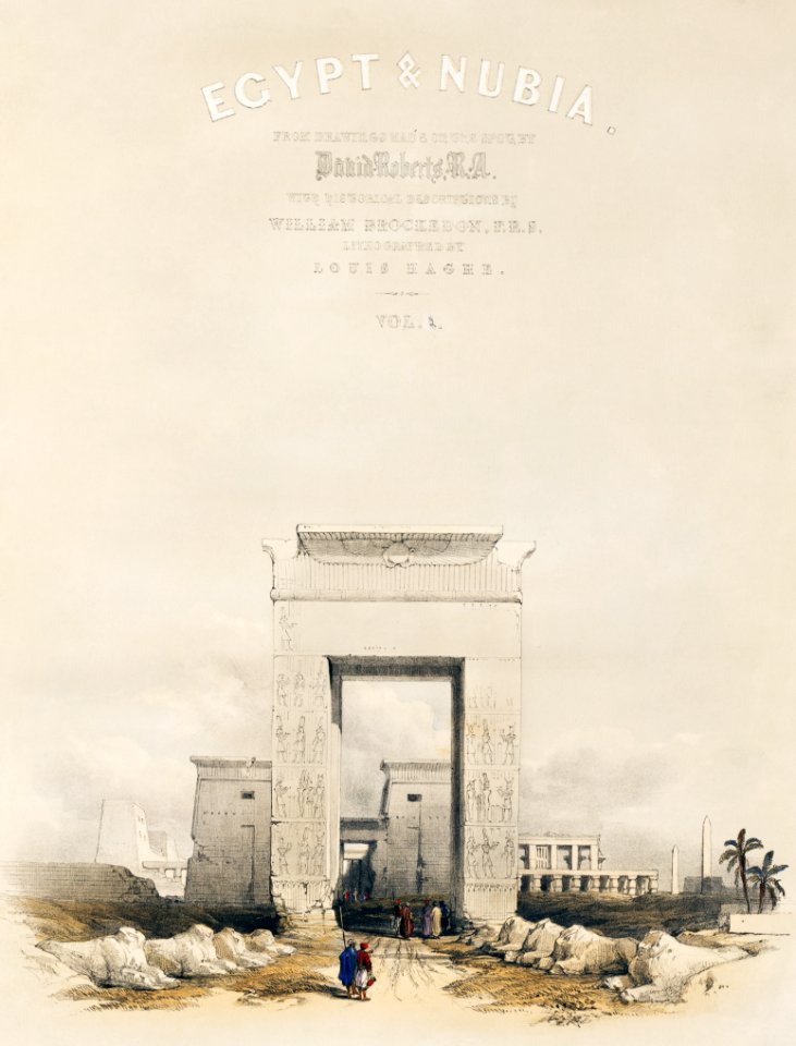 Great gateway leading to the Temple of Karnak Thebes illustration by David Roberts (1796–1864).. Free illustration for personal and commercial use.