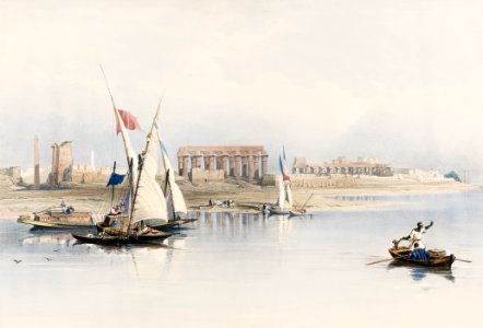 General view of the ruins of Luxor from the Nile illustration by David Roberts (1796–1864).. Free illustration for personal and commercial use.