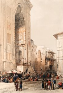 Grand entrance to the Mosque of the Sultan Hassan illustration by David Roberts (1796–1864).. Free illustration for personal and commercial use.