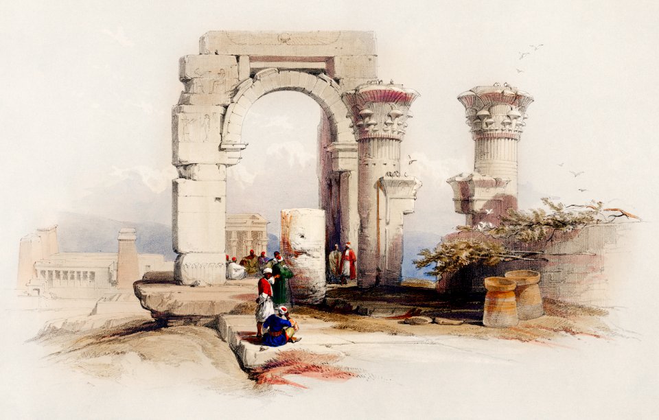 Ruins Temple on the Island of Biggeh Nubia illustration by David Roberts (1796–1864).. Free illustration for personal and commercial use.