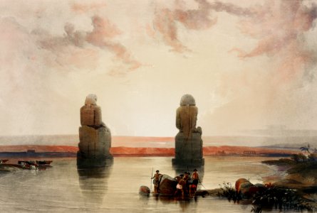 Statues of Memnon at Thebes during the inundation illustration by David Roberts (1796–1864).. Free illustration for personal and commercial use.