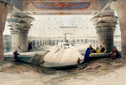 View from under the portico of Temple of Edfou in upper Egypt illustration by David Roberts (1796–1864).. Free illustration for personal and commercial use.