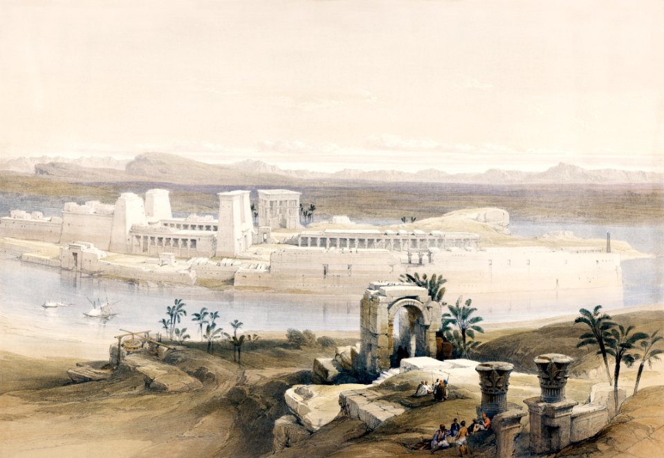 General view of the Island of Philae Nubia illustration by David Roberts (1796–1864).. Free illustration for personal and commercial use.